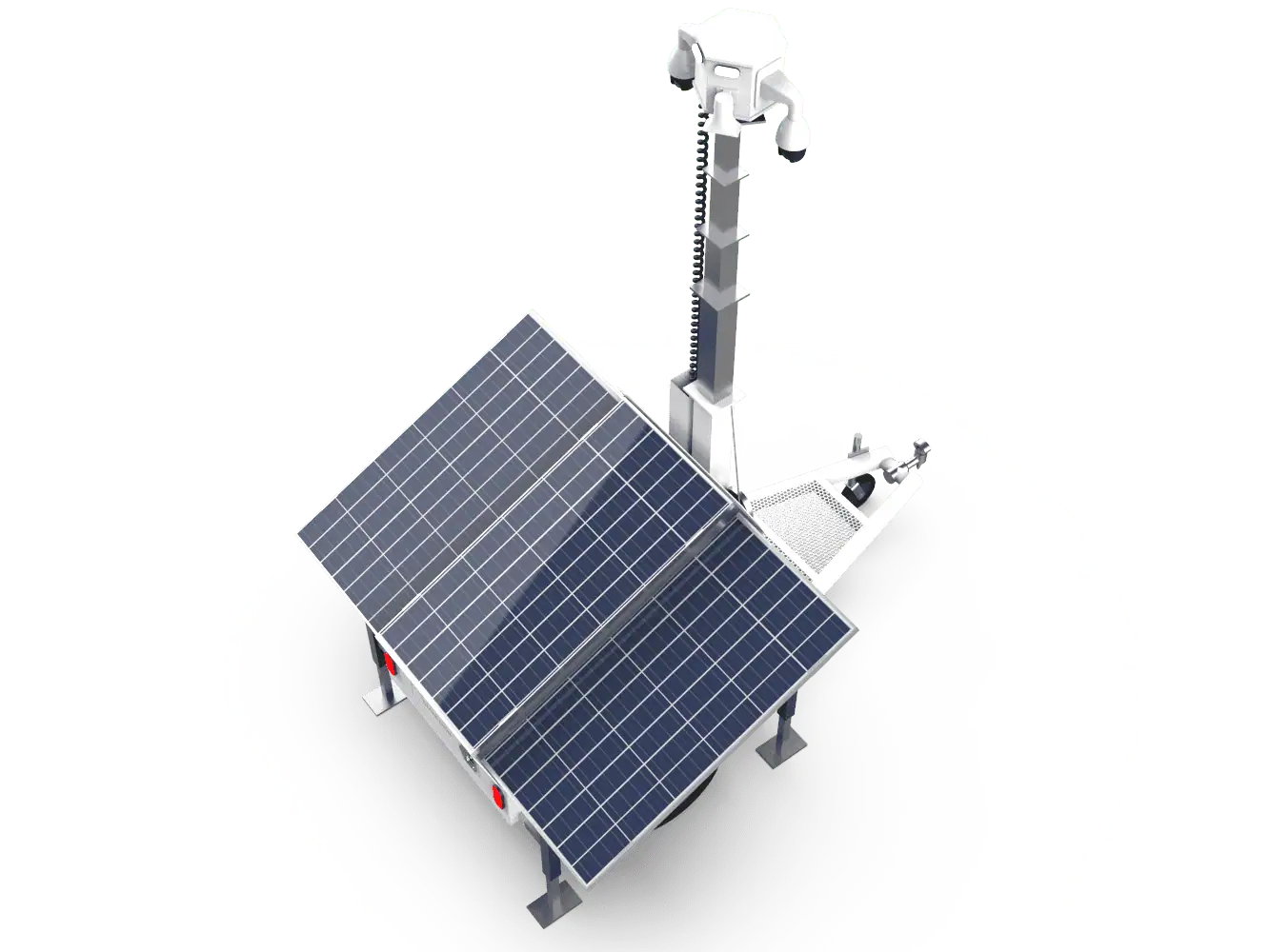 Mobile surveillance trailer with solar security cameras, mast, and commercial video systems for parking lot security.