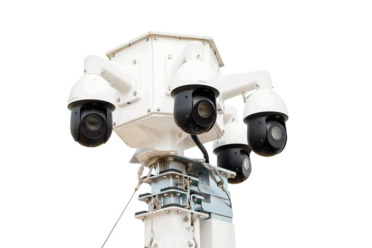 Multiple solar security cameras on a mobile surveillance trailer for commercial parking lot security.